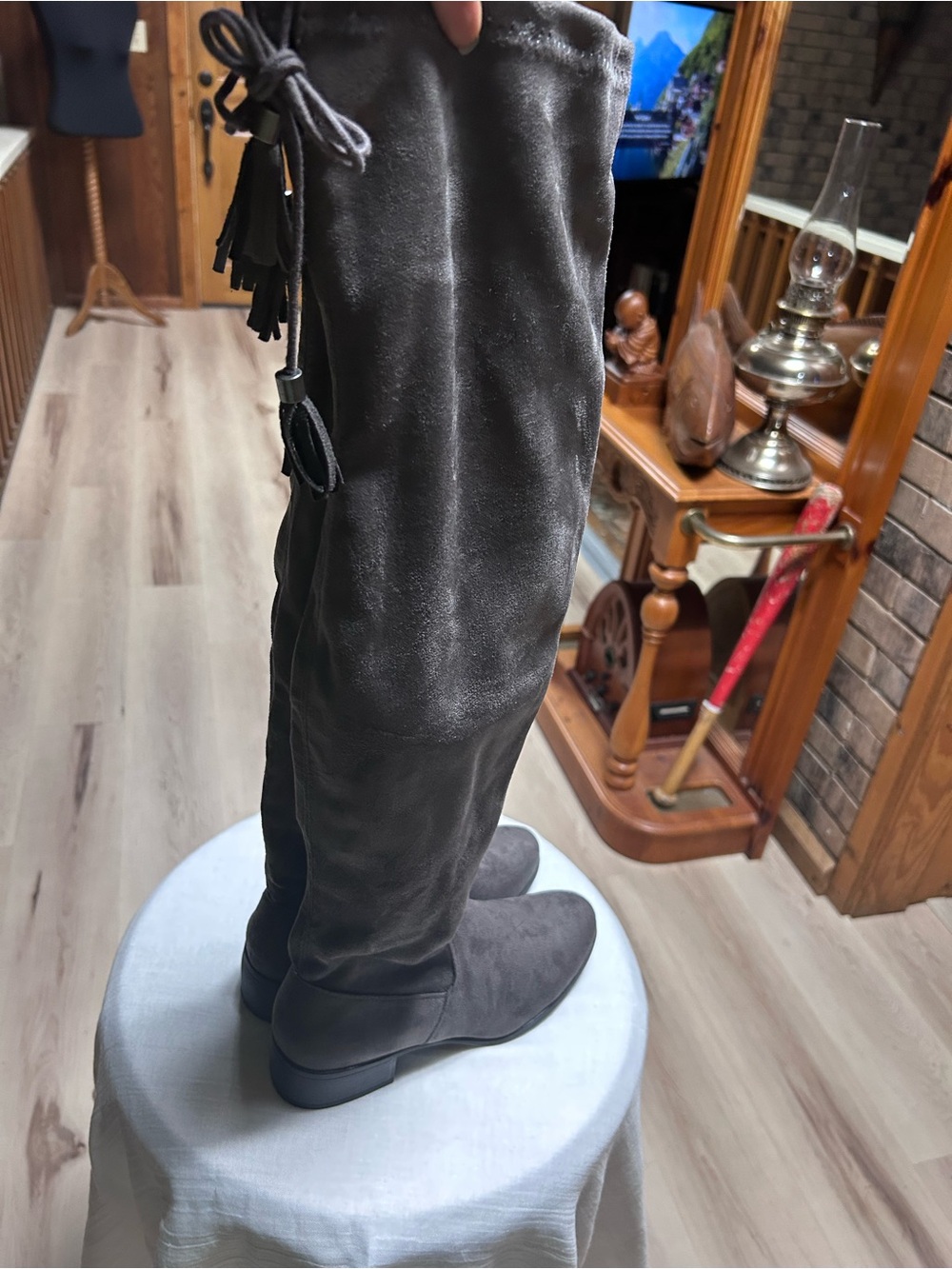 Over-the-Knee Suede Boots in Gray with Tassel Detail